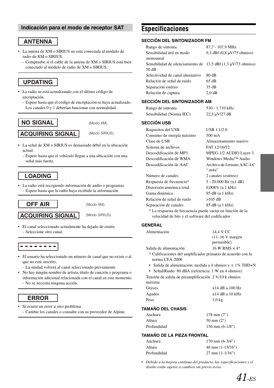 Especificaciones, Acquiring signal | Alpine IDA-X300 User Manual | Page 141 / 146