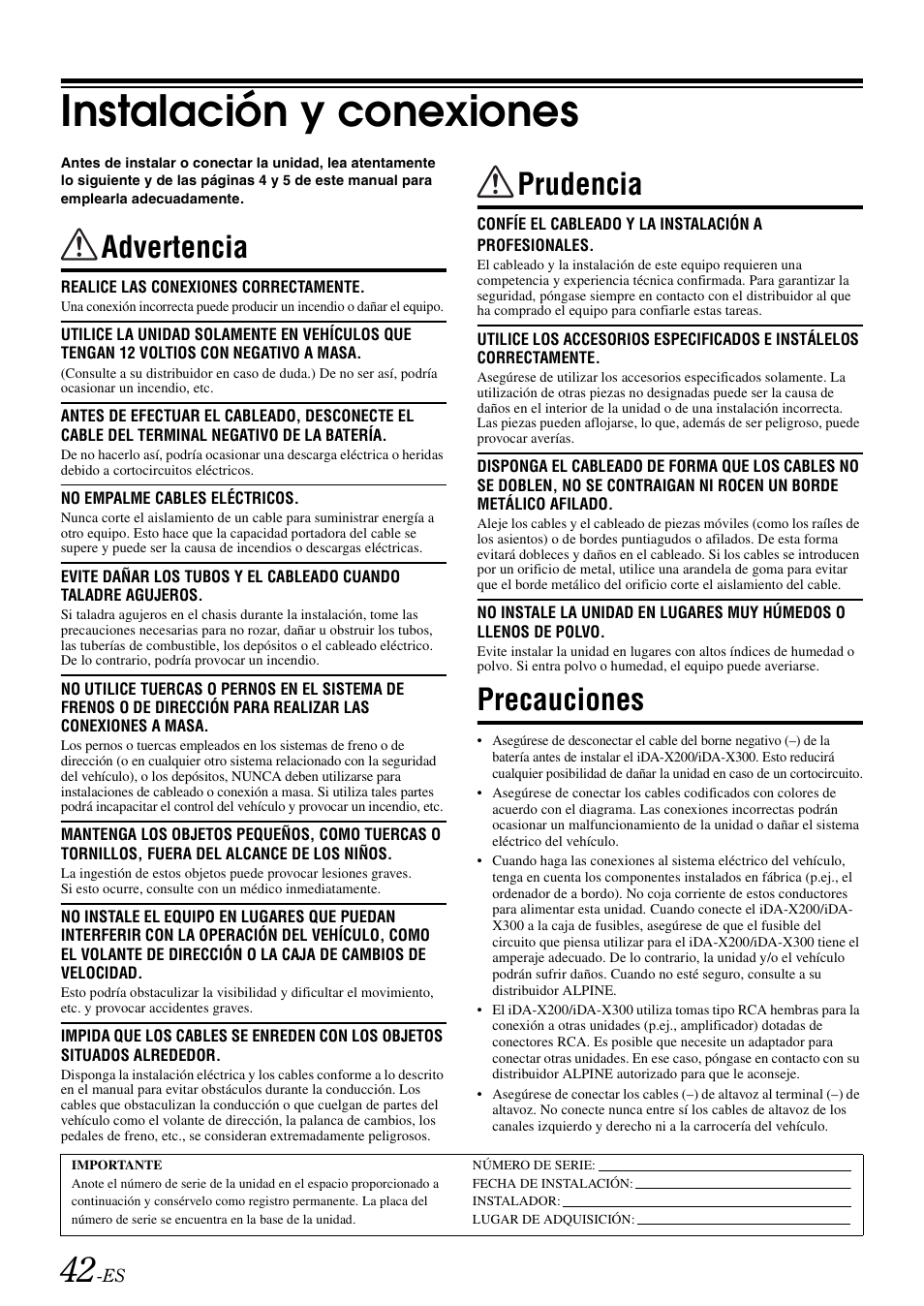 Instalación y conexiones, Advertencia, Prudencia | Precauciones | Alpine IDA-X300 User Manual | Page 142 / 146