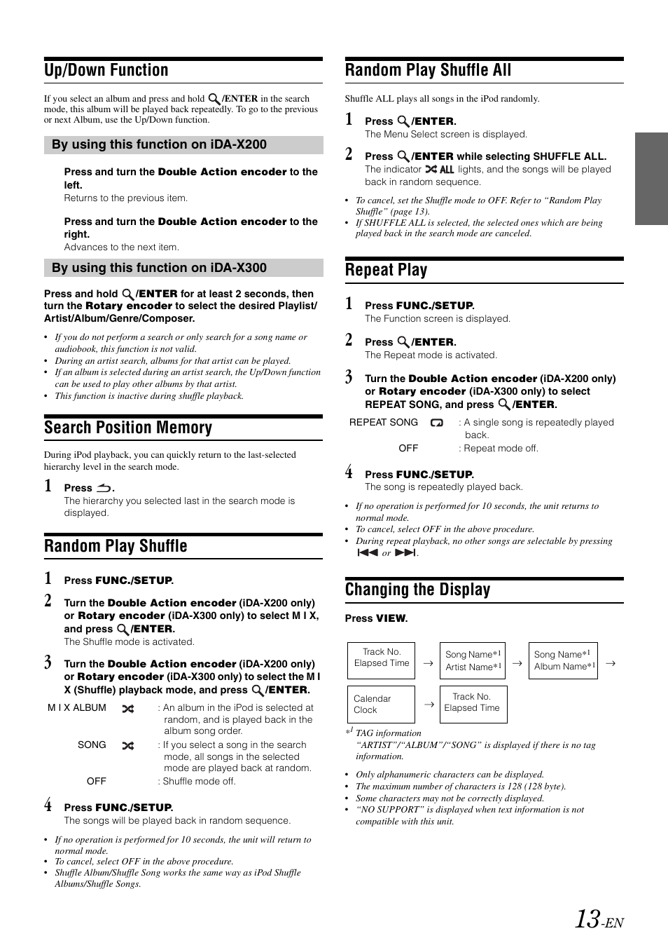 Up/down function, Search position memory, Random play shuffle | Random play shuffle all, Repeat play, Changing the display | Alpine IDA-X300 User Manual | Page 15 / 146