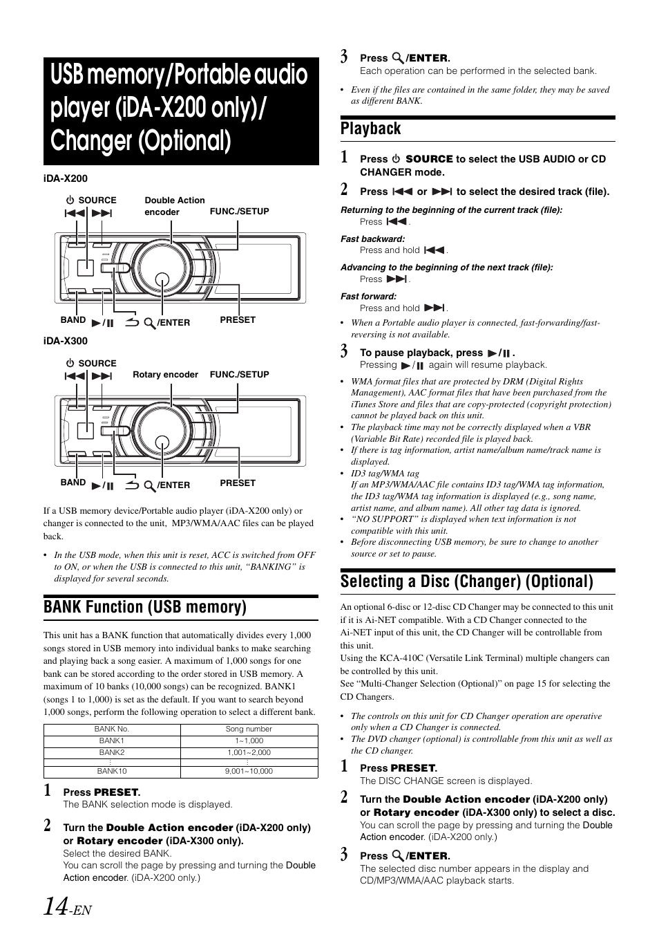 Bank function (usb memory), Playback, Selecting a disc (changer) (optional) | Usb memory/portable audio player, Ida-x200 only)/changer (optional) | Alpine IDA-X300 User Manual | Page 16 / 146