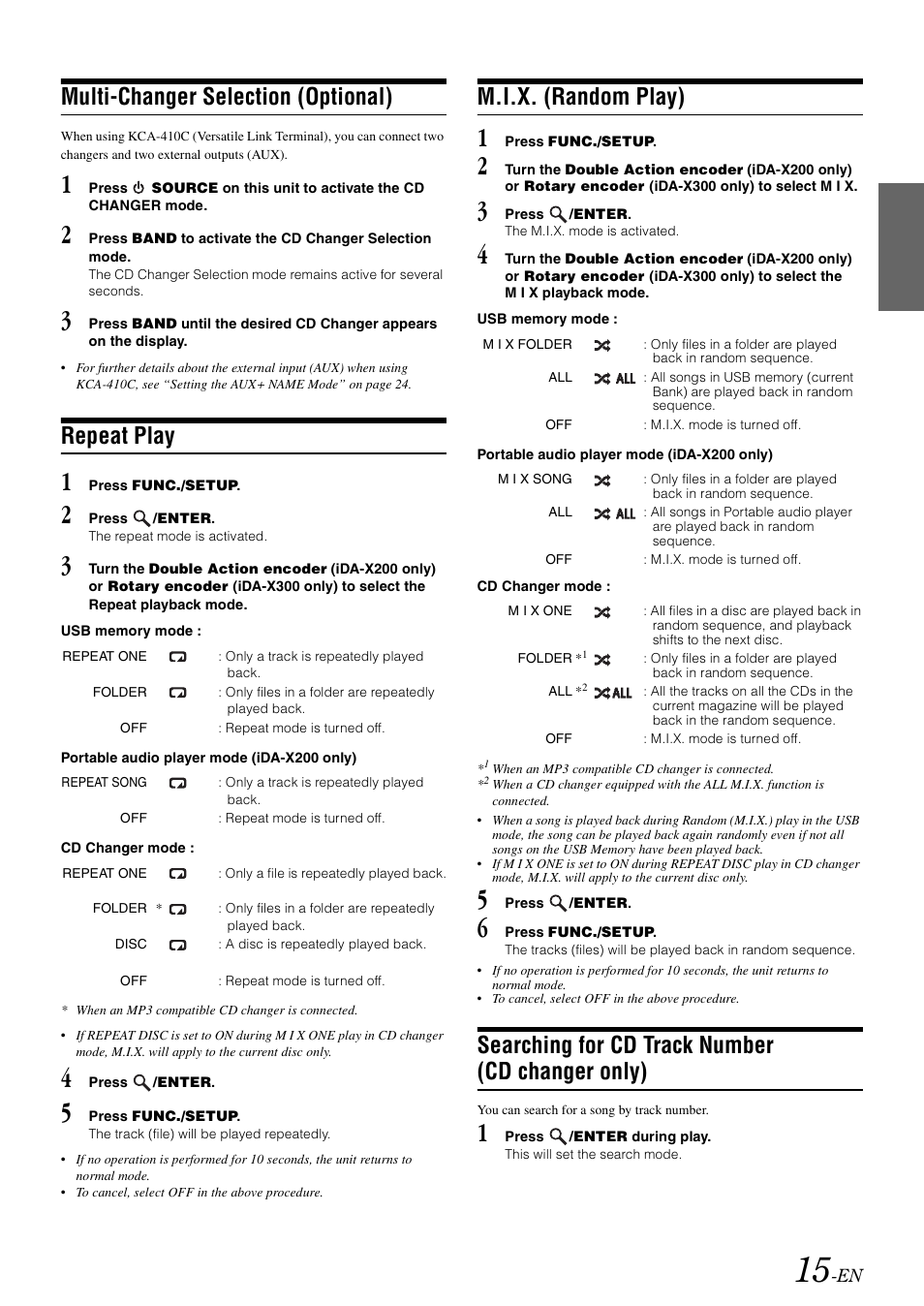 Multi-changer selection (optional), Repeat play, M.i.x. (random play) | Searching for cd track number (cd changer only), Searching for cd track number, Cd changer only) | Alpine IDA-X300 User Manual | Page 17 / 146