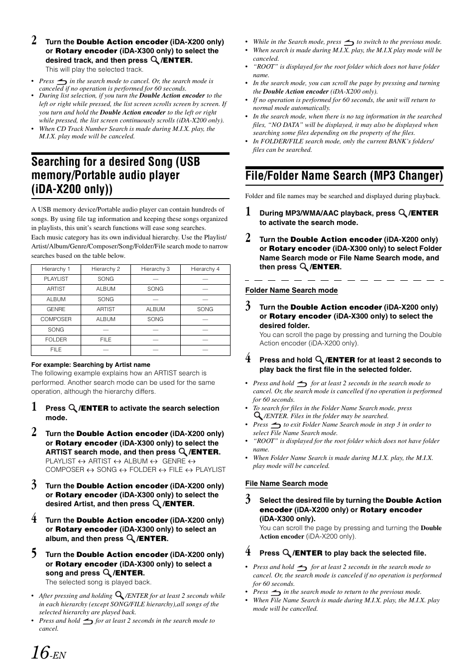 File/folder name search (mp3 changer), Searching for a desired song (usb memory, Portable audio player (ida-x200 only)) | Alpine IDA-X300 User Manual | Page 18 / 146