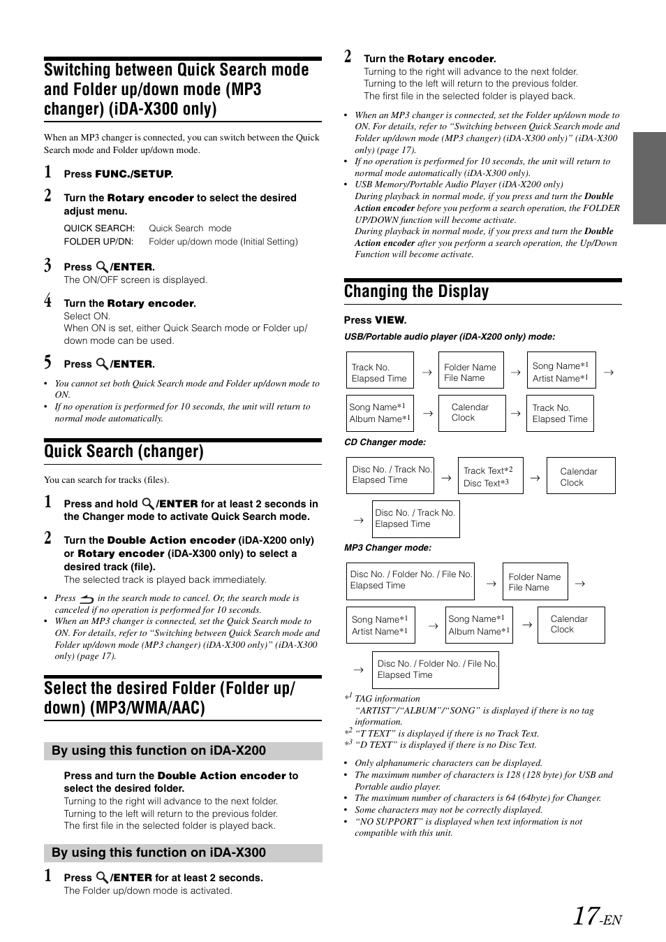 Quick search (changer), Changing the display, Switching between quick search mode and | Folder up/down mode (mp3 changer), Ida-x300 only), Select the desired folder (folder up/down), Mp3/wma/aac) | Alpine IDA-X300 User Manual | Page 19 / 146