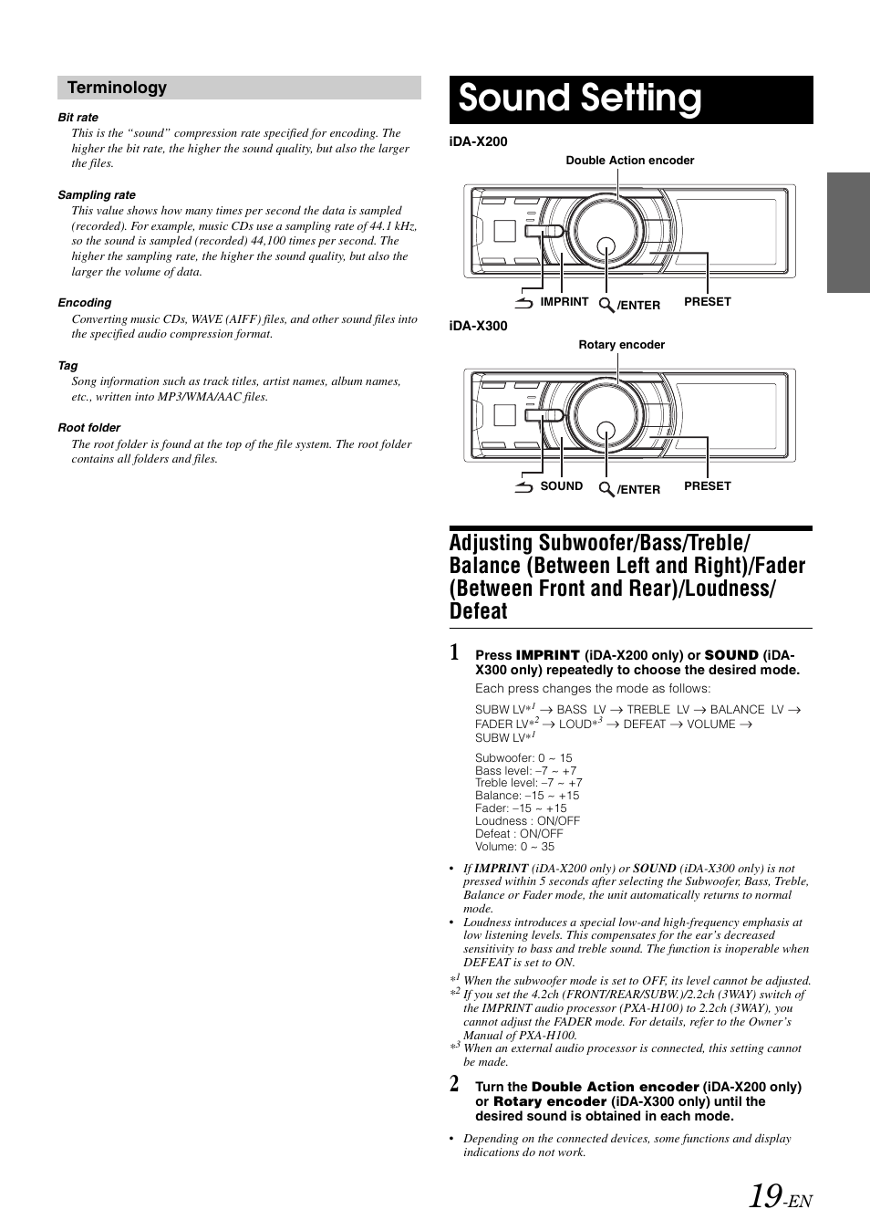 Sound setting, Adjusting subwoofer/bass/treble/balance, Terminology | Alpine IDA-X300 User Manual | Page 21 / 146