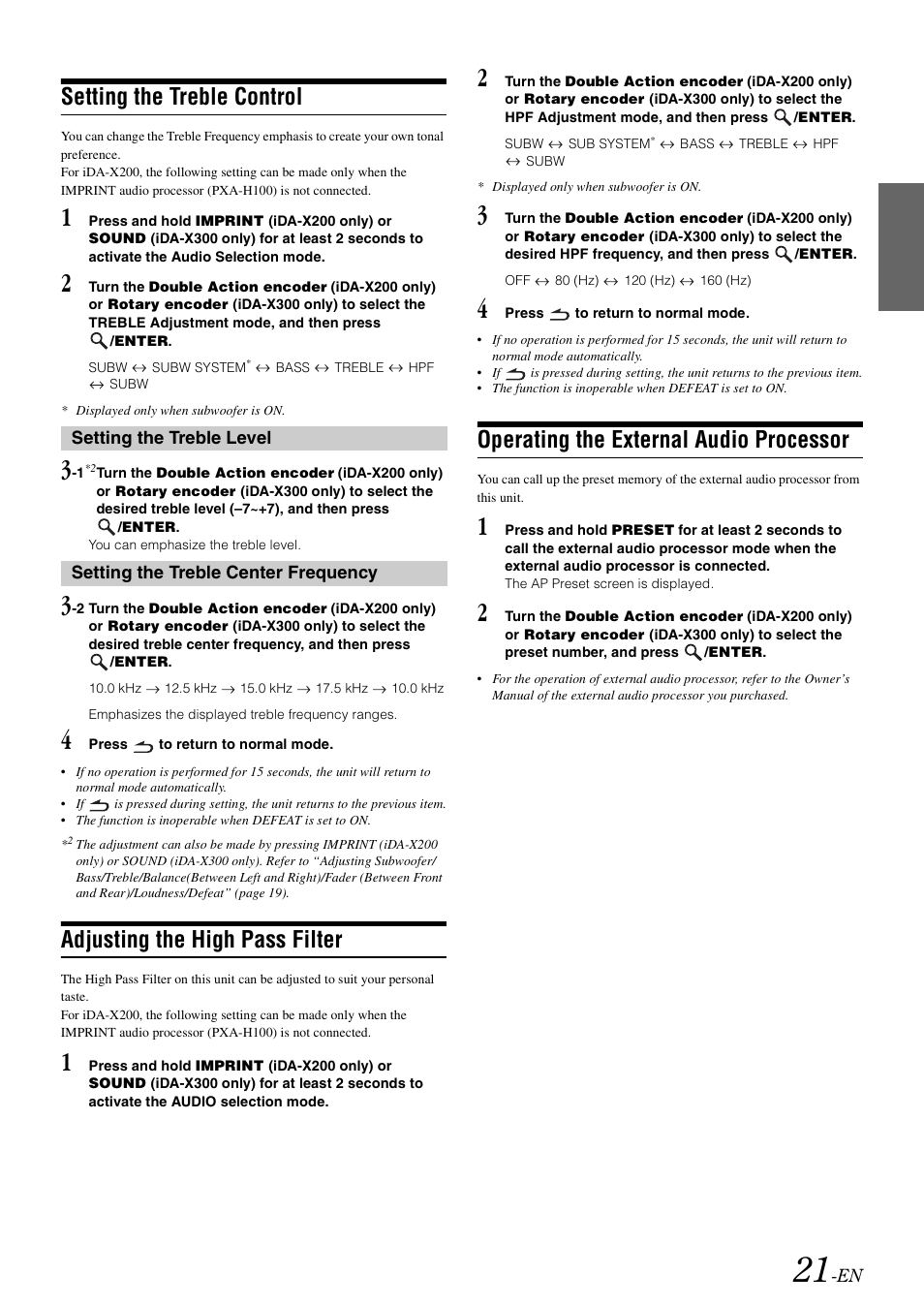 Setting the treble control, Adjusting the high pass filter, Operating the external audio processor | Alpine IDA-X300 User Manual | Page 23 / 146