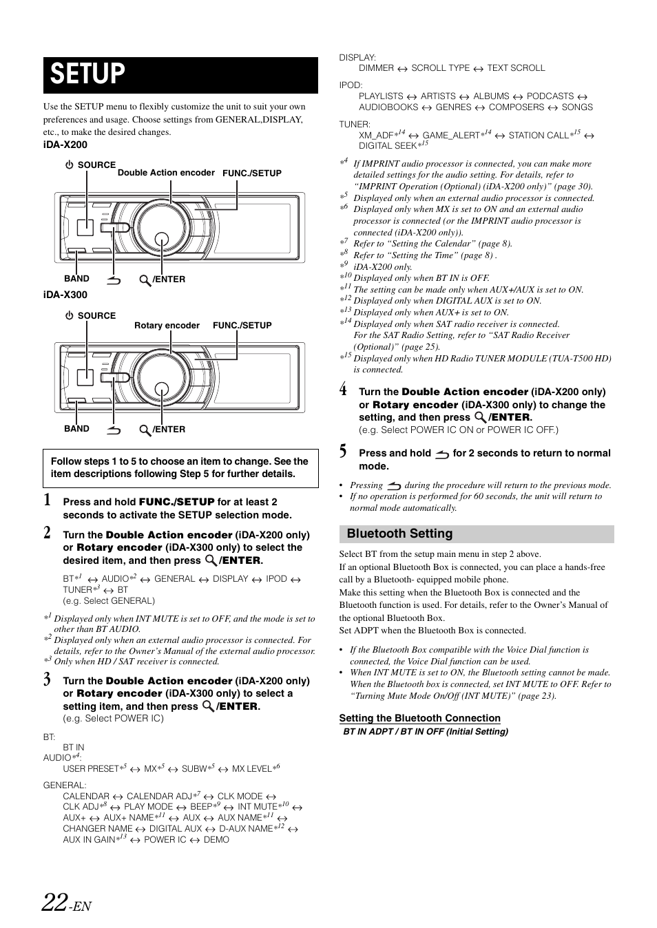 Setup, Bluetooth setting, Setting the bluetooth connection | Alpine IDA-X300 User Manual | Page 24 / 146