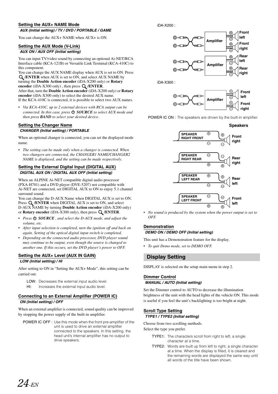 Setting the aux+ name mode, Setting the aux mode (v-link), Setting the changer name | Setting the external digital input (digital aux), Setting the aux+ level (aux in gain), Connecting to an external amplifier (power ic), Demonstration, Display setting, Dimmer control, Scroll type setting | Alpine IDA-X300 User Manual | Page 26 / 146