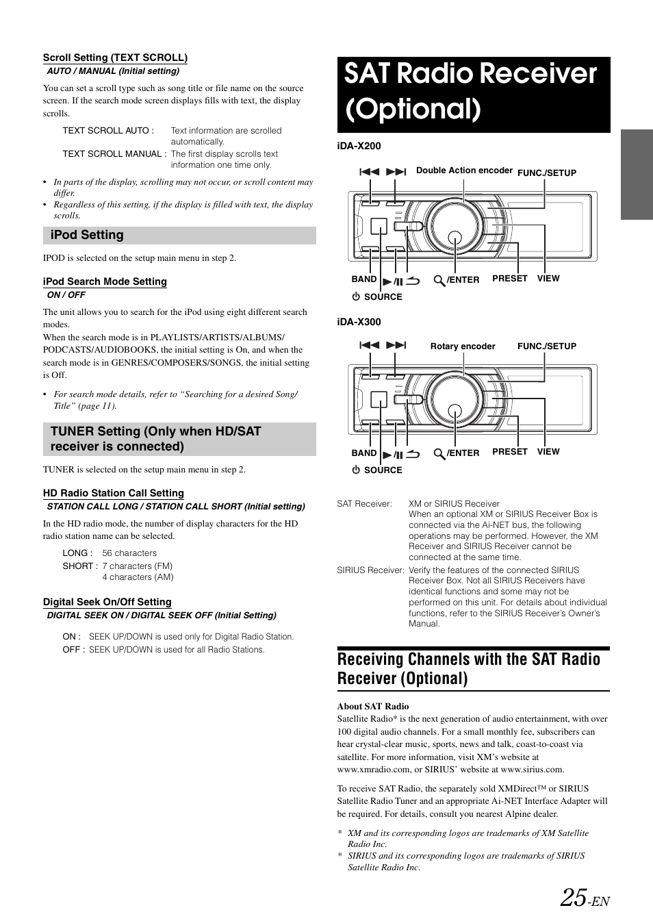 Scroll setting (text scroll), Ipod setting, Ipod search mode setting | Hd radio station call setting, Digital seek on/off setting, Sat radio receiver (optional), Receiving channels with the sat radio, Receiver (optional) | Alpine IDA-X300 User Manual | Page 27 / 146