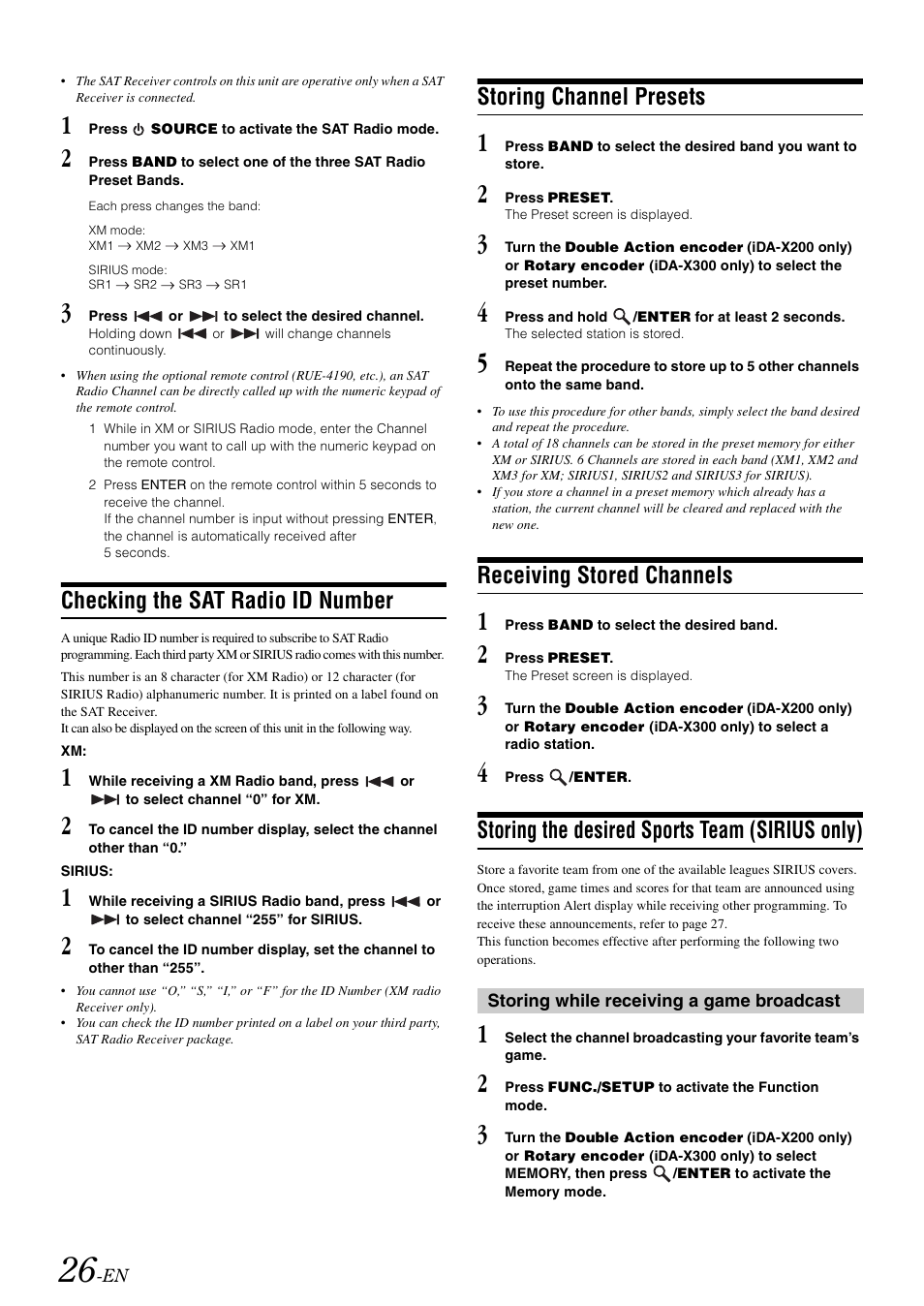 Checking the sat radio id number, Storing channel presets, Receiving stored channels | Storing the desired sports team (sirius only), Storing the desired sports team, Sirius only) | Alpine IDA-X300 User Manual | Page 28 / 146