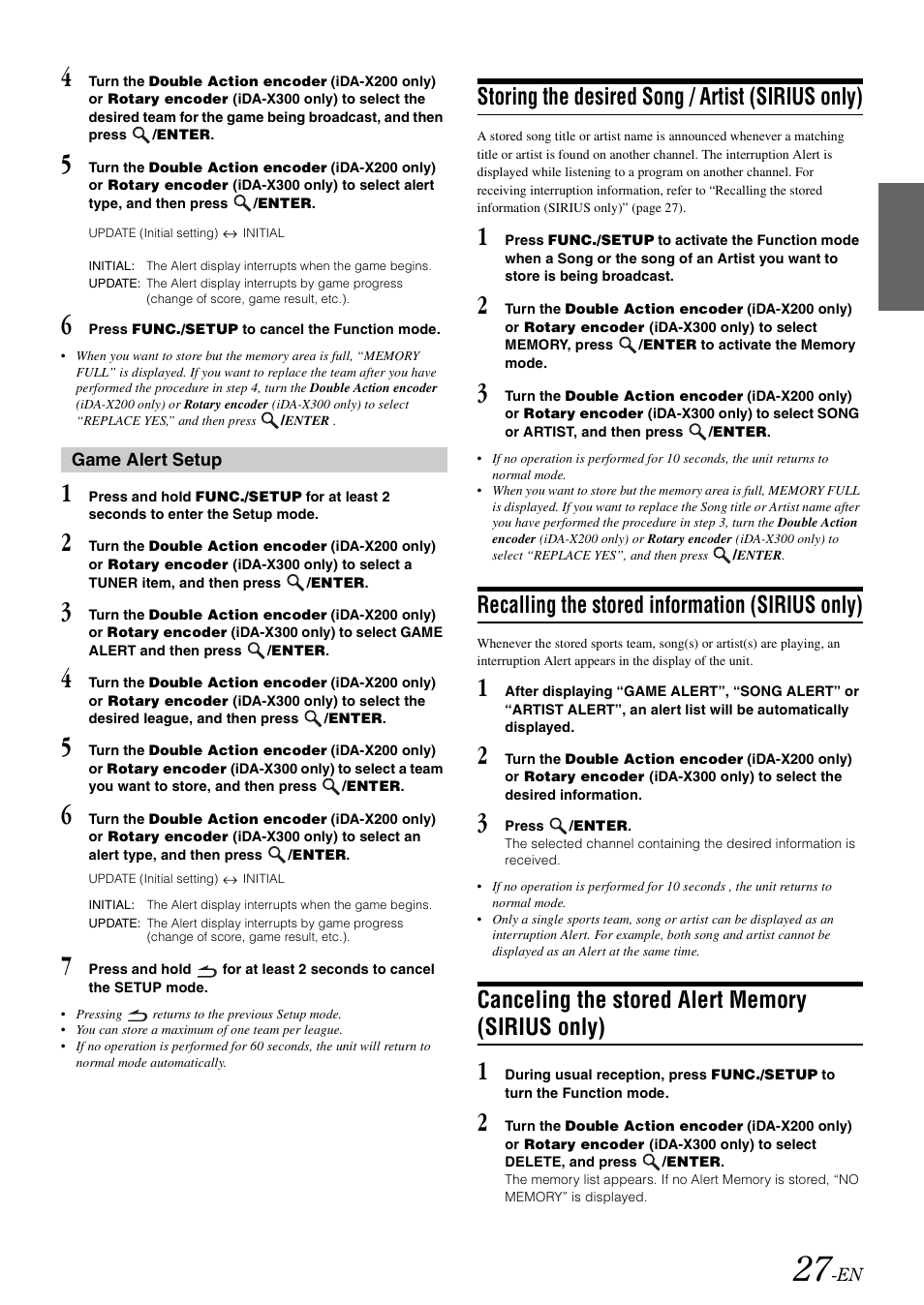 Storing the desired song / artist (sirius only), Recalling the stored information (sirius only), Canceling the stored alert memory (sirius only) | Storing the desired song / artist, Sirius only), Recalling the stored information, Canceling the stored alert memory | Alpine IDA-X300 User Manual | Page 29 / 146