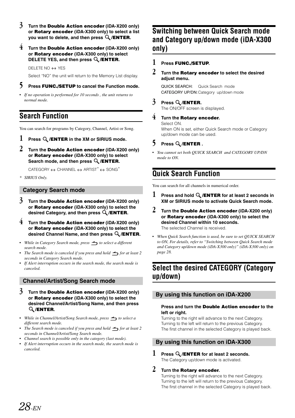 Search function, Quick search function, Select the desired category (category up/down) | Switching between quick search mode and, Category up/down mode, Ida-x300 only), Select the desired category, Category up/down) | Alpine IDA-X300 User Manual | Page 30 / 146