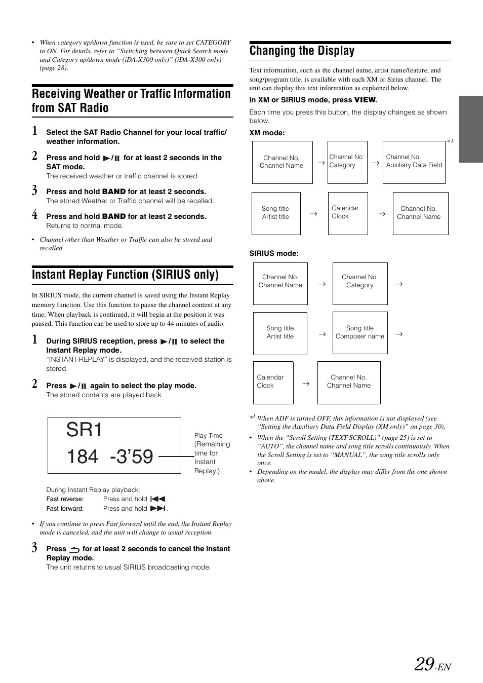 Instant replay function (sirius only), Changing the display, Receiving weather or traffic information from | Sat radio | Alpine IDA-X300 User Manual | Page 31 / 146