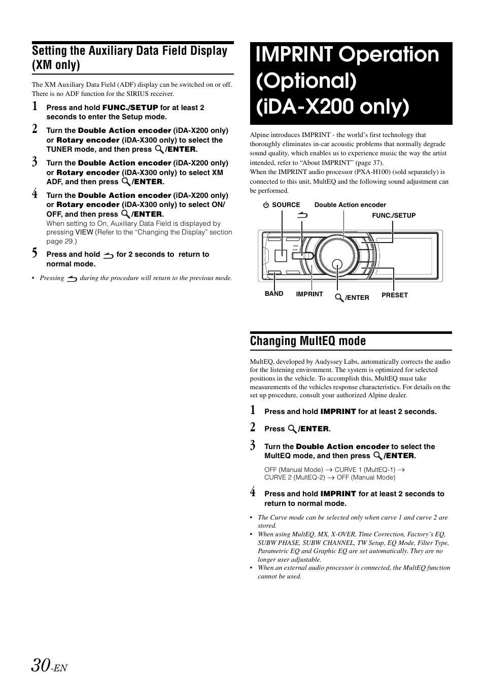 Setting the auxiliary data field display (xm only), Imprint operation (optional) (ida-x200 only), Changing multeq mode | Setting the auxiliary data field display, Xm only), Imprint operation (optional), Ida-x200 only) | Alpine IDA-X300 User Manual | Page 32 / 146