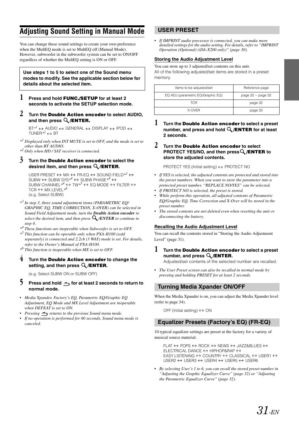 Adjusting sound setting in manual mode, User preset, Storing the audio adjustment level | Recalling the audio adjustment level, Turning media xpander on/off, Equalizer presets (factory’s eq) (fr-eq), Fr-eq) | Alpine IDA-X300 User Manual | Page 33 / 146