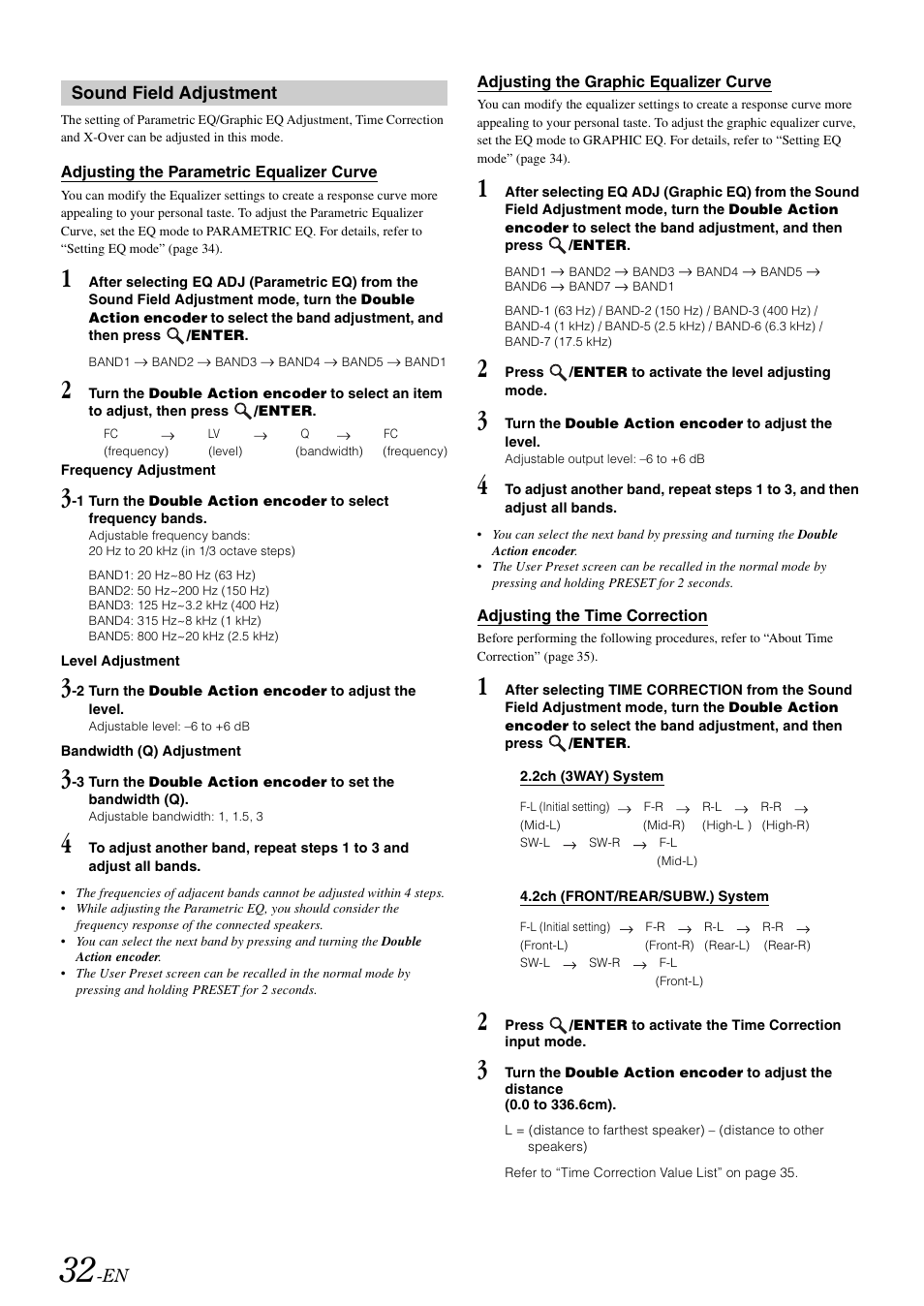 Sound field adjustment, Adjusting the parametric equalizer curve, Adjusting the graphic equalizer curve | Adjusting the time correction | Alpine IDA-X300 User Manual | Page 34 / 146