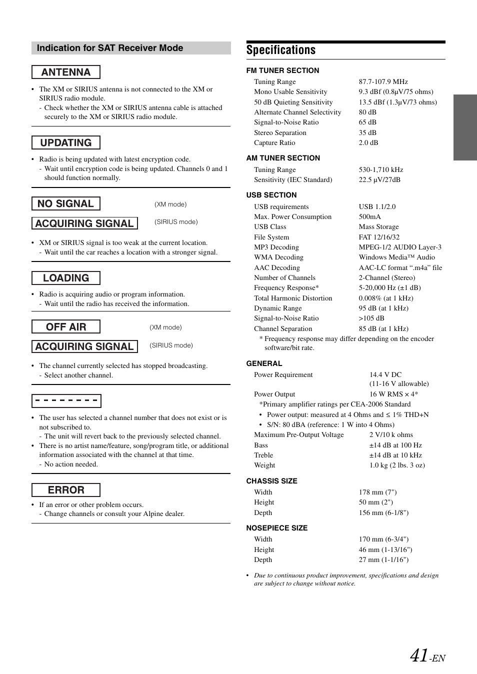 Specifications, Acquiring signal | Alpine IDA-X300 User Manual | Page 43 / 146