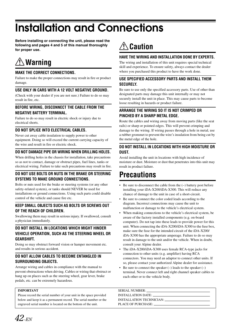 Installation and connections, Warning, Caution | Precautions | Alpine IDA-X300 User Manual | Page 44 / 146