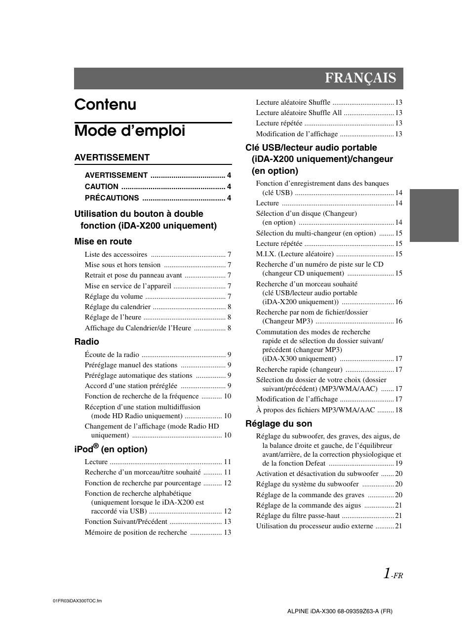 Contenu mode d’emploi, Français | Alpine IDA-X300 User Manual | Page 52 / 146