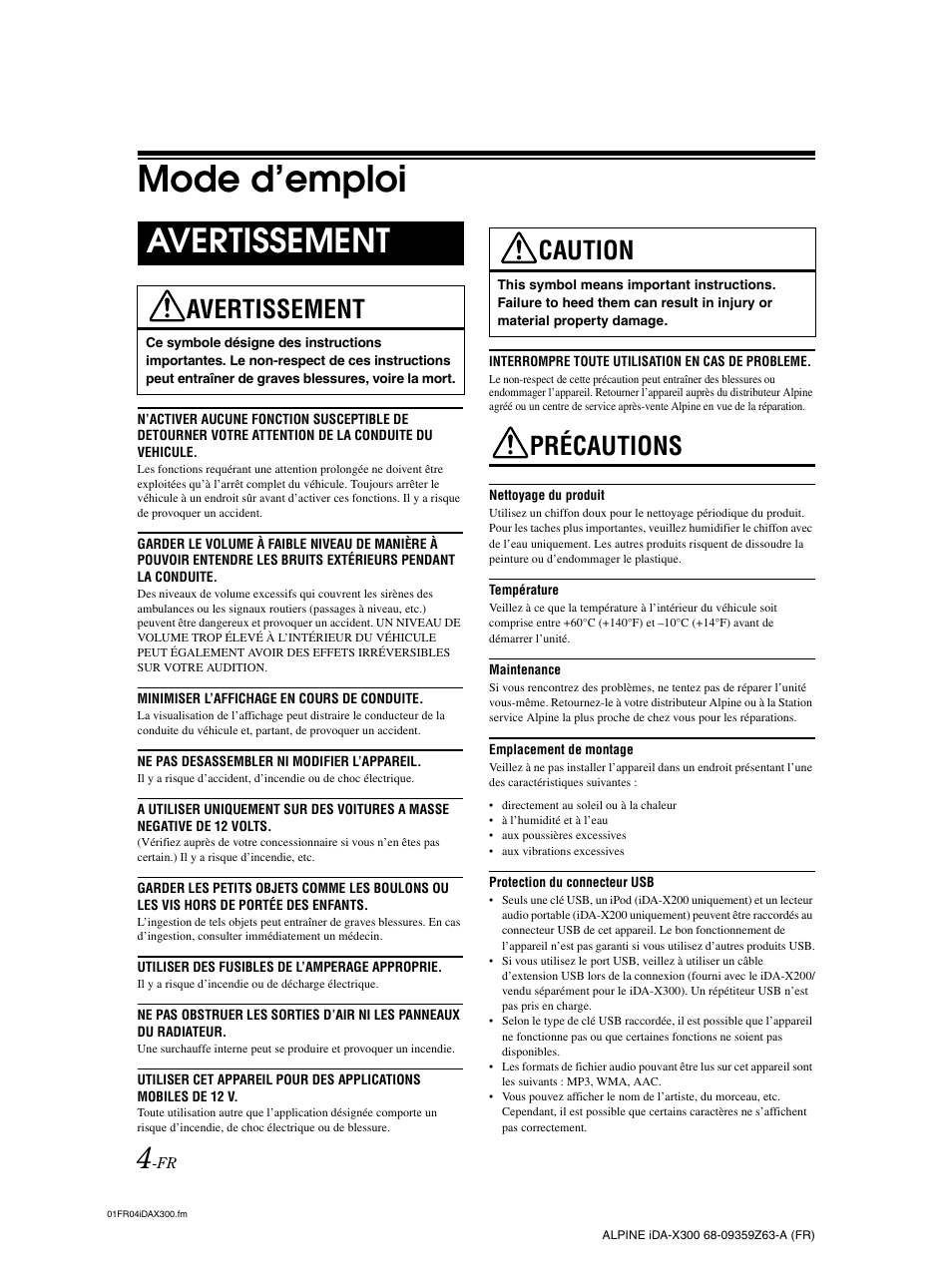 Mode d’emploi, Avertissement, Caution | Précautions | Alpine IDA-X300 User Manual | Page 55 / 146