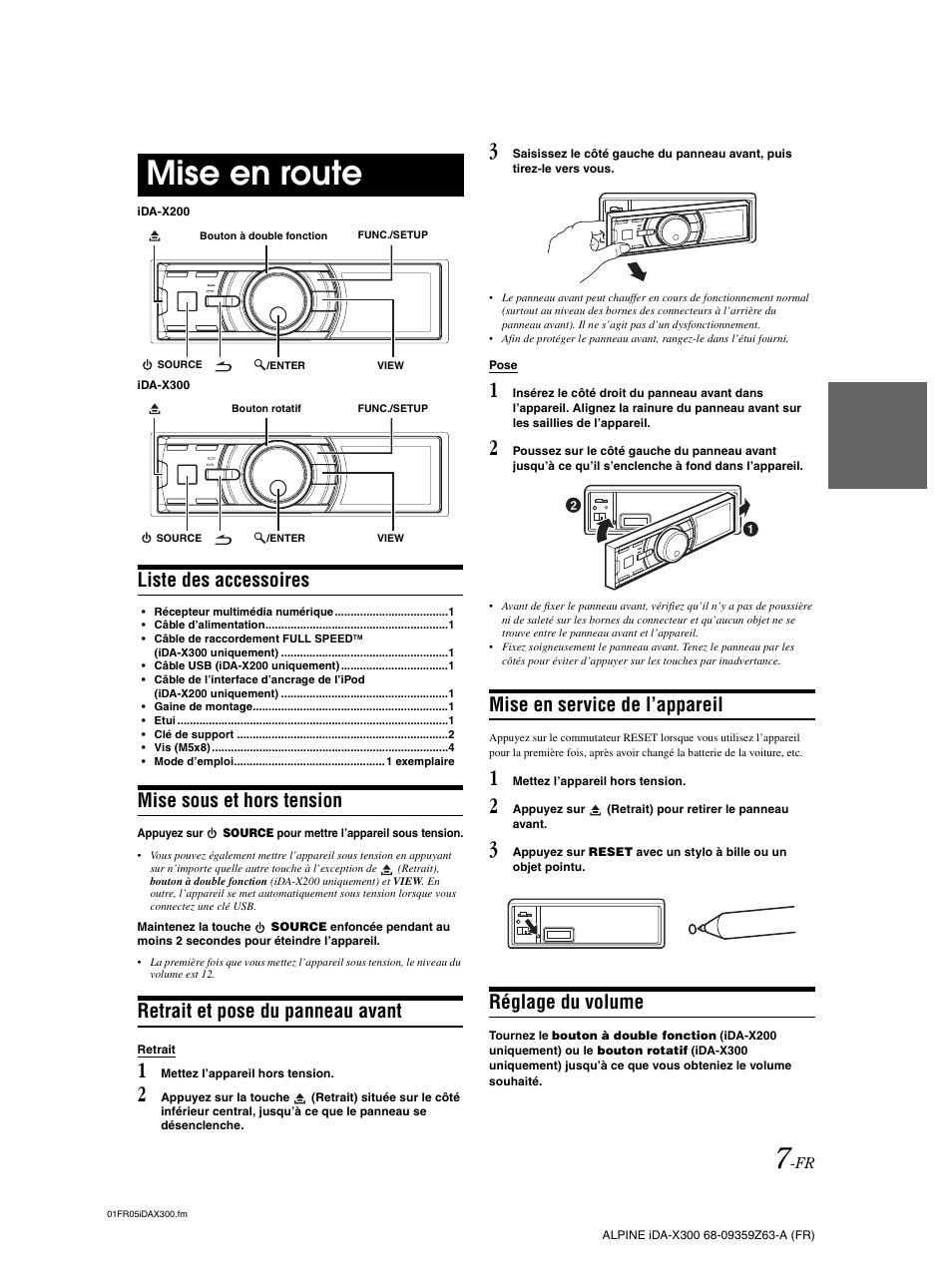 Mise en route, Liste des accessoires, Mise sous et hors tension | Retrait et pose du panneau avant, Mise en service de l’appareil, Réglage du volume | Alpine IDA-X300 User Manual | Page 58 / 146