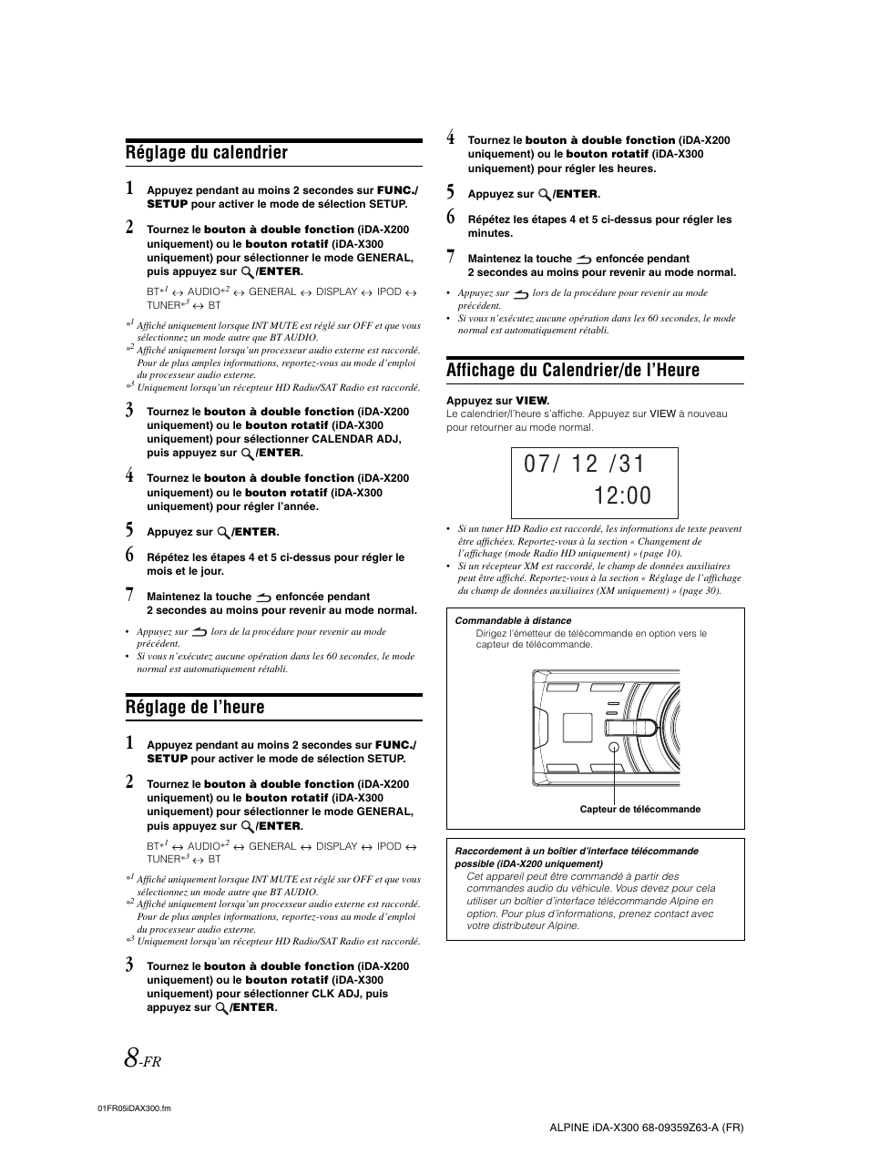 Réglage du calendrier, Réglage de l’heure, Affichage du calendrier/de l’heure | Alpine IDA-X300 User Manual | Page 59 / 146