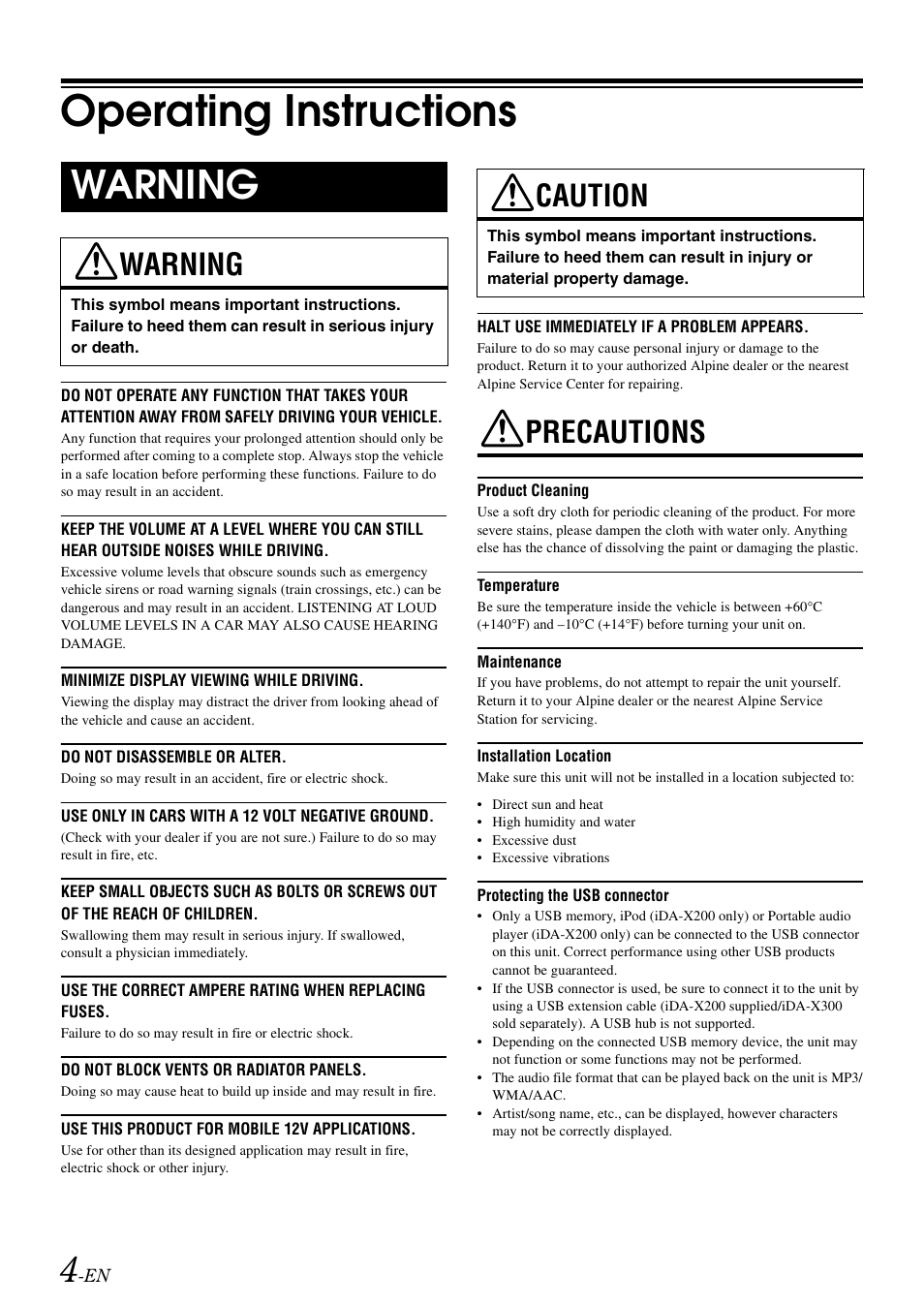 Operating instructions, Warning, Caution | Precautions | Alpine IDA-X300 User Manual | Page 6 / 146