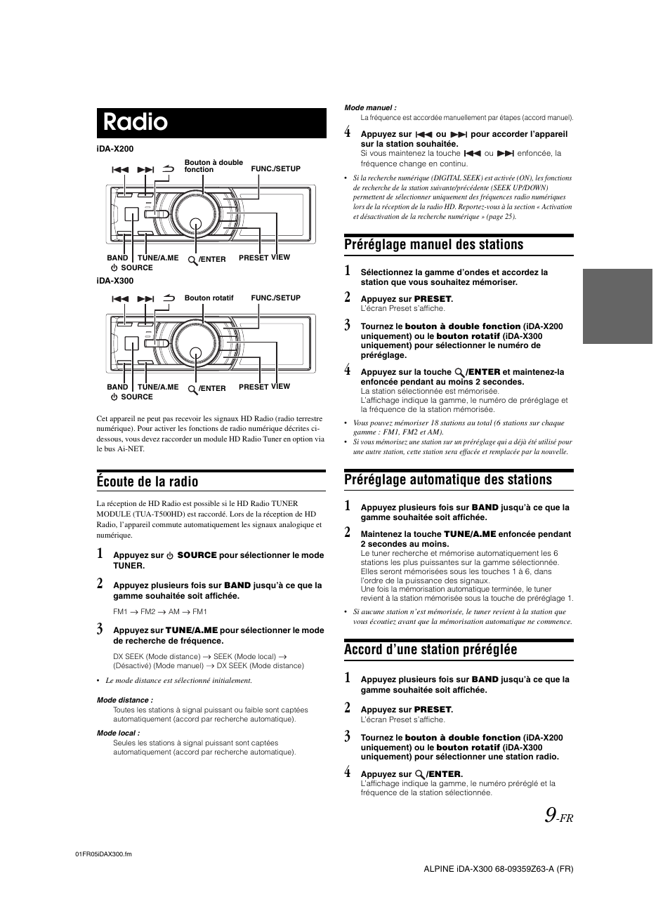 Radio, Écoute de la radio, Préréglage manuel des stations | Préréglage automatique des stations, Accord d’une station préréglée | Alpine IDA-X300 User Manual | Page 60 / 146