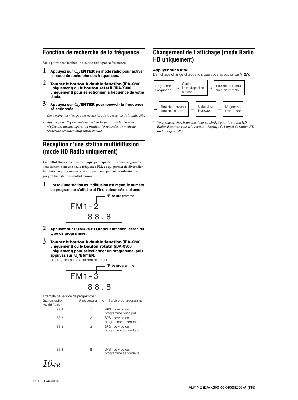 Fonction de recherche de la fréquence, Réception d’une station multidiffusion, Mode hd radio uniquement) | Changement de l’affichage (mode radio hd, Uniquement) | Alpine IDA-X300 User Manual | Page 61 / 146