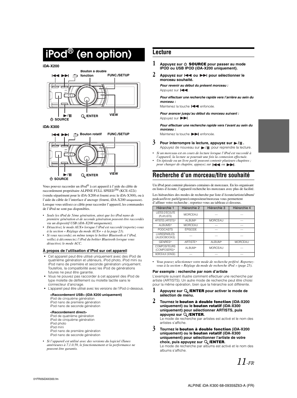 Ipod® (en option), Lecture, Recherche d’un morceau/titre souhaité | Ipod, En option) | Alpine IDA-X300 User Manual | Page 62 / 146