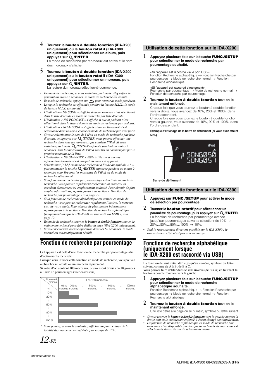 Fonction de recherche par pourcentage, Fonction de recherche alphabétique, Uniquement lorsque le ida-x200 est | Raccordé via usb) | Alpine IDA-X300 User Manual | Page 63 / 146