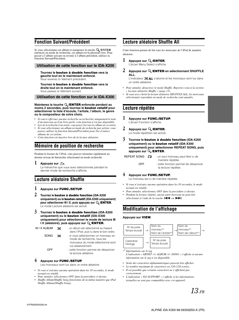 Fonction suivant/précédent, Mémoire de position de recherche, Lecture aléatoire shuffle | Lecture aléatoire shuffle all, Lecture répétée, Modification de l’affichage | Alpine IDA-X300 User Manual | Page 64 / 146