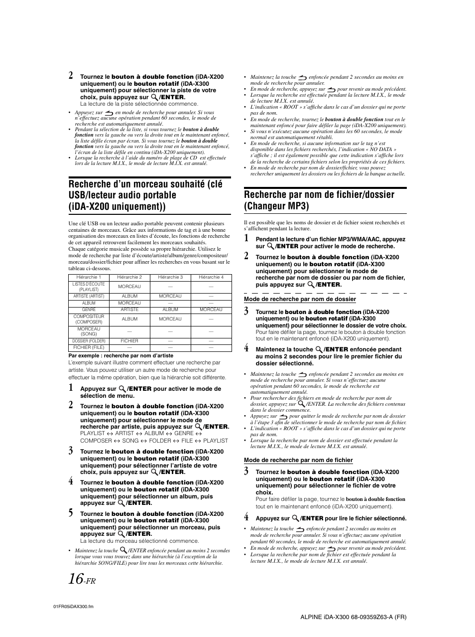 Recherche d’un morceau souhaité, Clé usb/lecteur audio portable, Ida-x200 uniquement)) | Recherche par nom de fichier/dossier, Changeur mp3) | Alpine IDA-X300 User Manual | Page 67 / 146