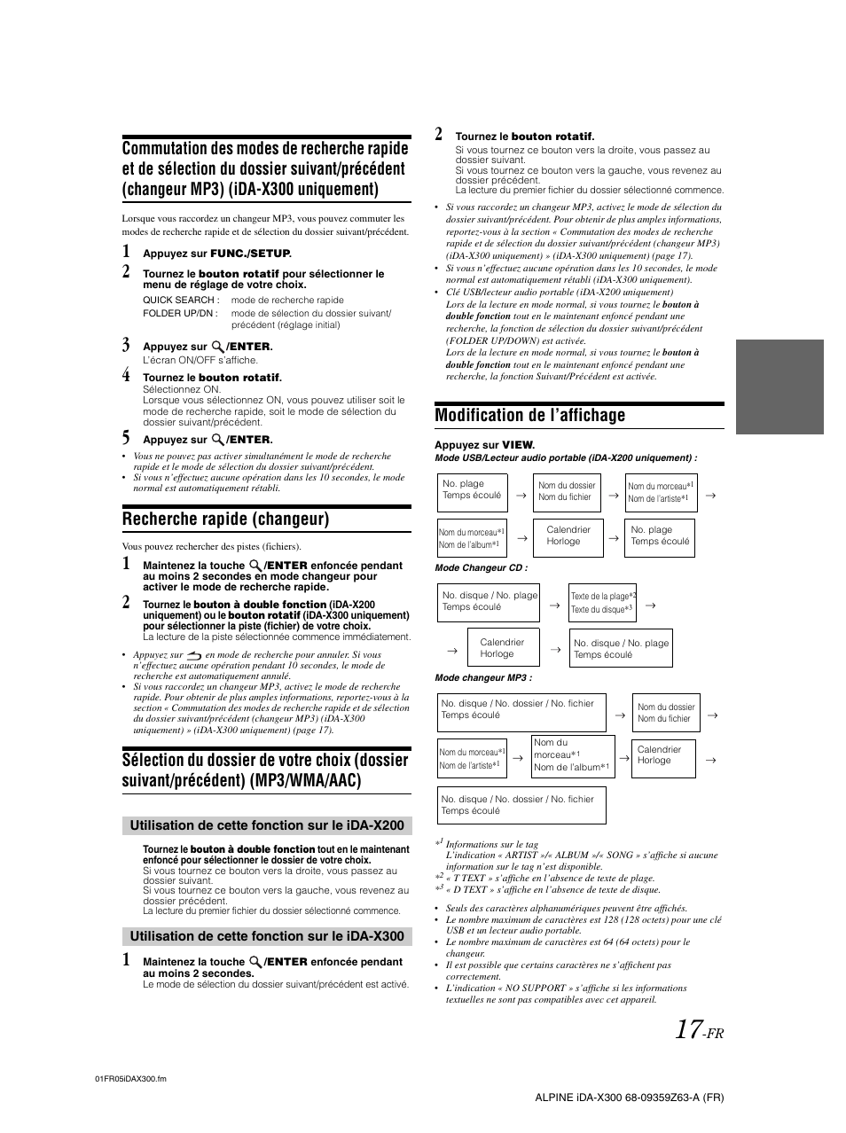 Recherche rapide (changeur), Modification de l’affichage, Commutation des modes de recherche | Ida-x300 uniquement), Sélection du dossier de votre choix (dossier, Suivant/précédent) (mp3/wma/aac) | Alpine IDA-X300 User Manual | Page 68 / 146