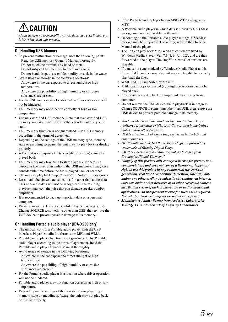 Caution | Alpine IDA-X300 User Manual | Page 7 / 146