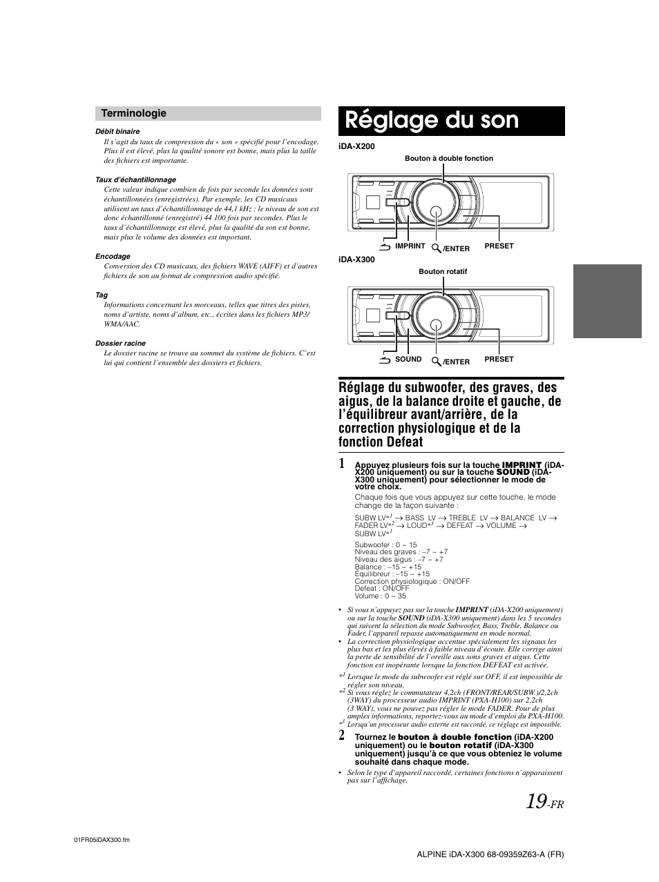 Réglage du son, Réglage du subwoofer, des graves, des aigus, de, Terminologie | Alpine IDA-X300 User Manual | Page 70 / 146