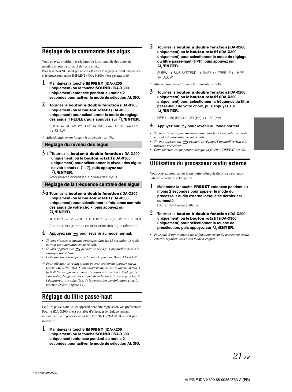 Réglage de la commande des aigus, Réglage du filtre passe-haut, Utilisation du processeur audio externe | Alpine IDA-X300 User Manual | Page 72 / 146