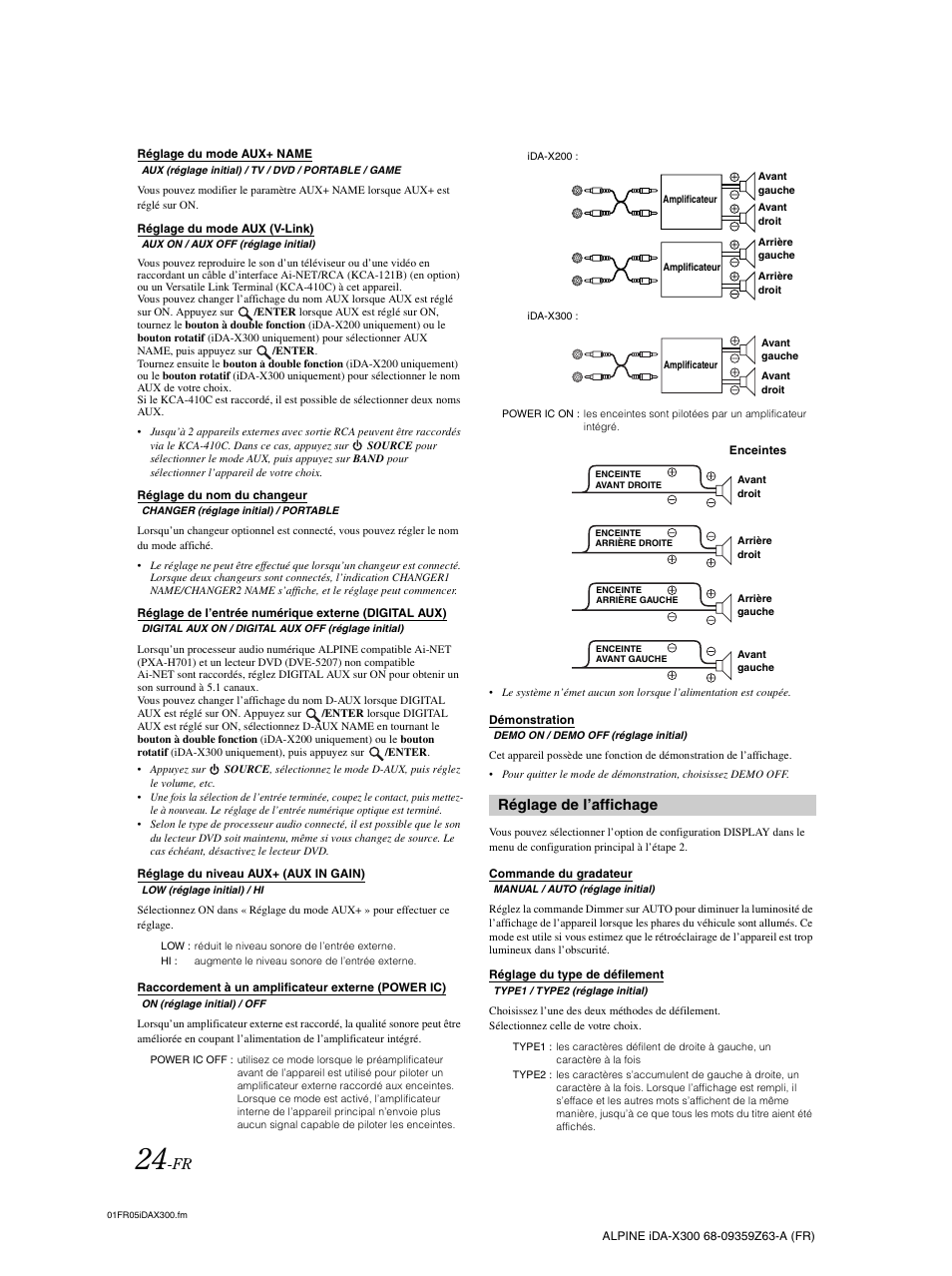 Réglage du mode aux+ name, Réglage du mode aux (v-link), Réglage du nom du changeur | Réglage du niveau aux+ (aux in gain), Raccordement à un amplificateur externe (power ic), Démonstration, Réglage de l’affichage, Commande du gradateur, Réglage du type de défilement, Digital aux) | Alpine IDA-X300 User Manual | Page 75 / 146