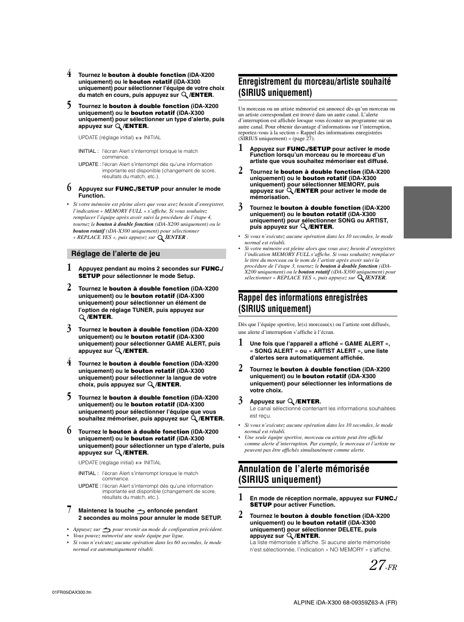 Enregistrement du morceau/artiste souhaité, Sirius uniquement), Rappel des informations enregistrées | Annulation de l’alerte mémorisée | Alpine IDA-X300 User Manual | Page 78 / 146
