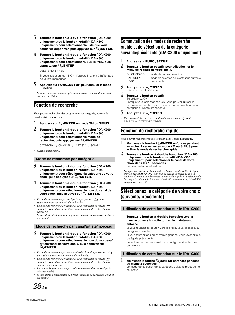 Fonction de recherche, Fonction de recherche rapide, Commutation des modes de recherche rapide et | Sélectionnez la catégorie de votre choix, Suivante/précédente) | Alpine IDA-X300 User Manual | Page 79 / 146