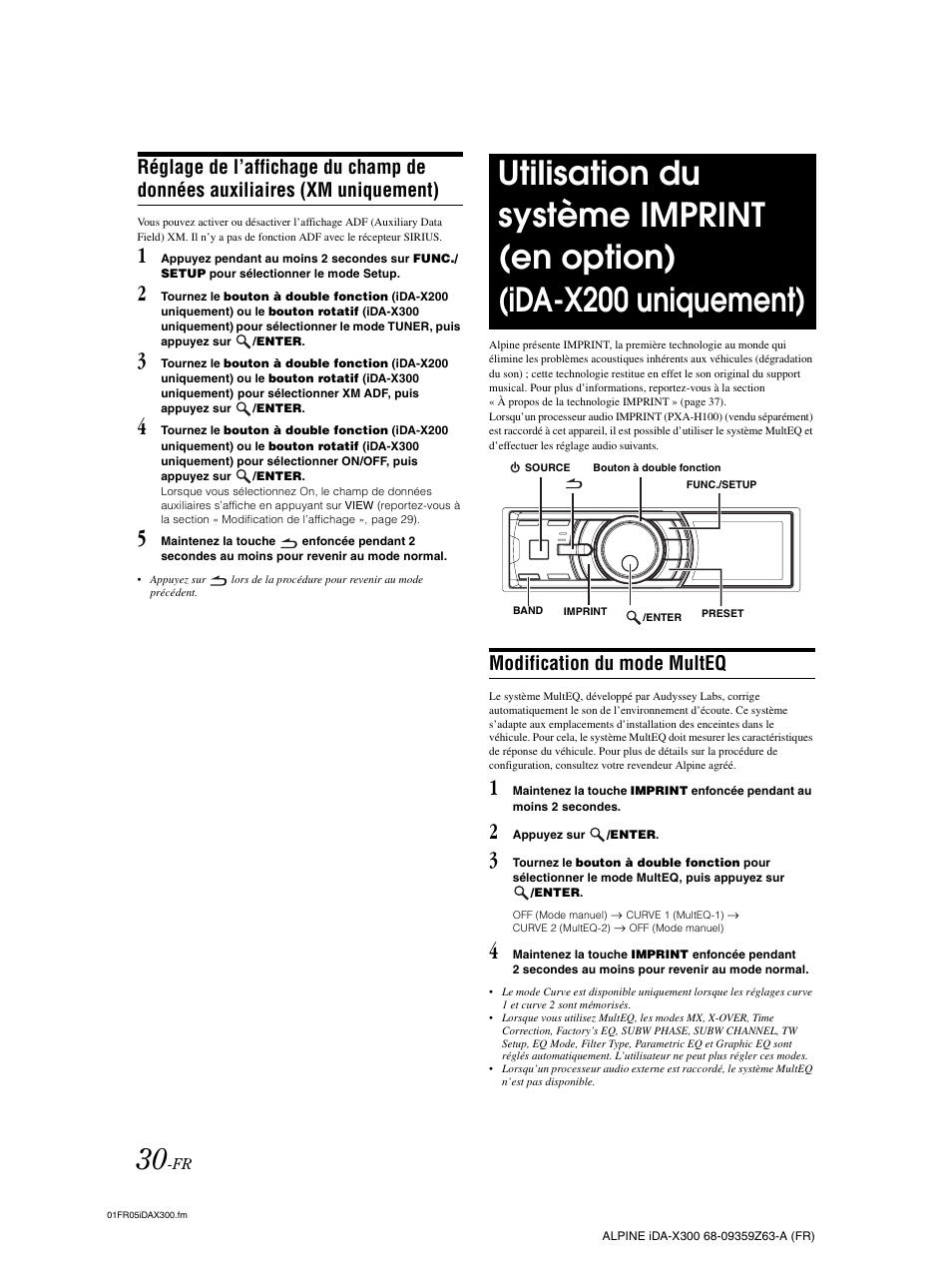 Modification du mode multeq, Réglage de l’affichage du champ de données, Auxiliaires (xm uniquement) | Utilisation du système imprint, En option) (ida-x200 uniquement) | Alpine IDA-X300 User Manual | Page 81 / 146