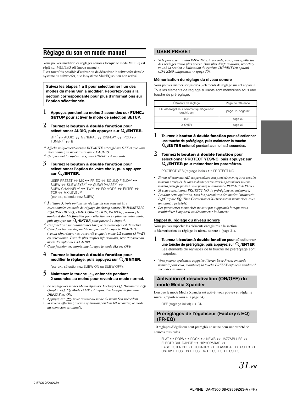 Réglage du son en mode manuel, User preset, Mémorisation du réglage du niveau sonore | Rappel du réglage du niveau sonore, Préréglages de l’égaliseur (factory’s eq) (fr-eq), Activation et désactivation (on/off) du mode, Media xpander, Préréglages de l’égaliseur (factory’s eq), Fr-eq) | Alpine IDA-X300 User Manual | Page 82 / 146