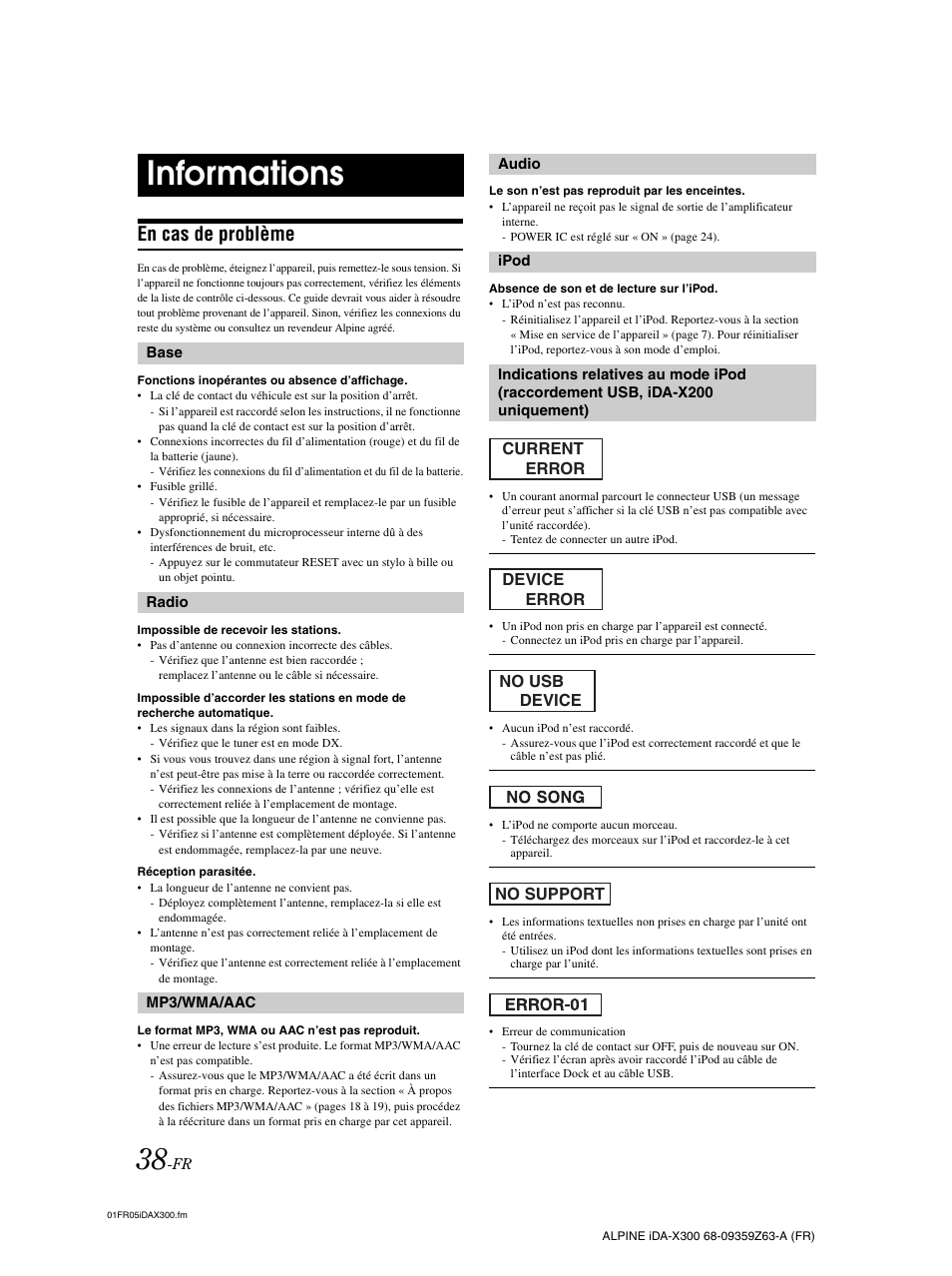 Informations, En cas de problème | Alpine IDA-X300 User Manual | Page 89 / 146