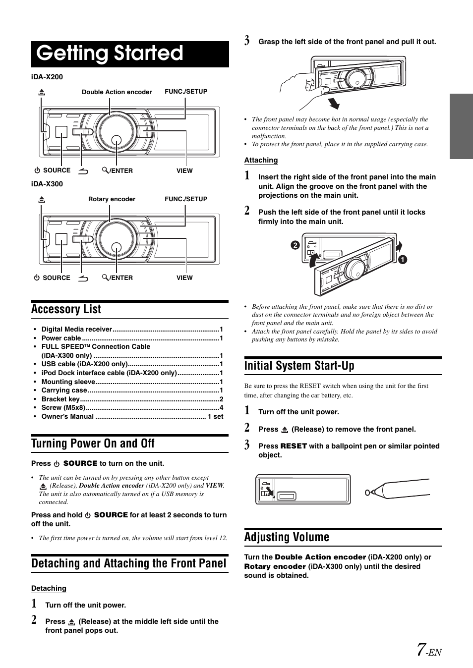 Getting started, Accessory list, Turning power on and off | Detaching and attaching the front panel, Initial system start-up, Adjusting volume | Alpine IDA-X300 User Manual | Page 9 / 146