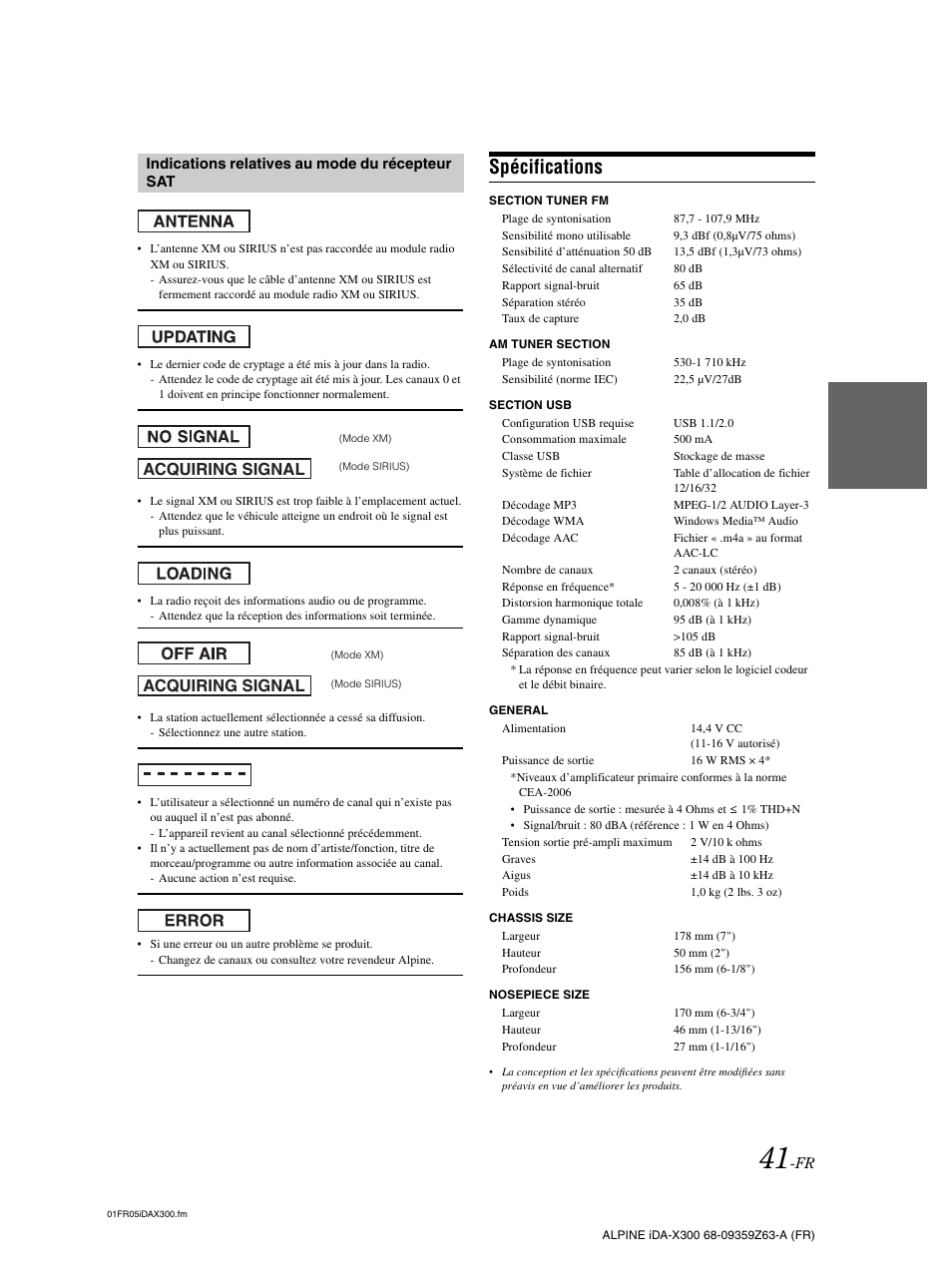 Spécifications, Acquiring signal | Alpine IDA-X300 User Manual | Page 92 / 146