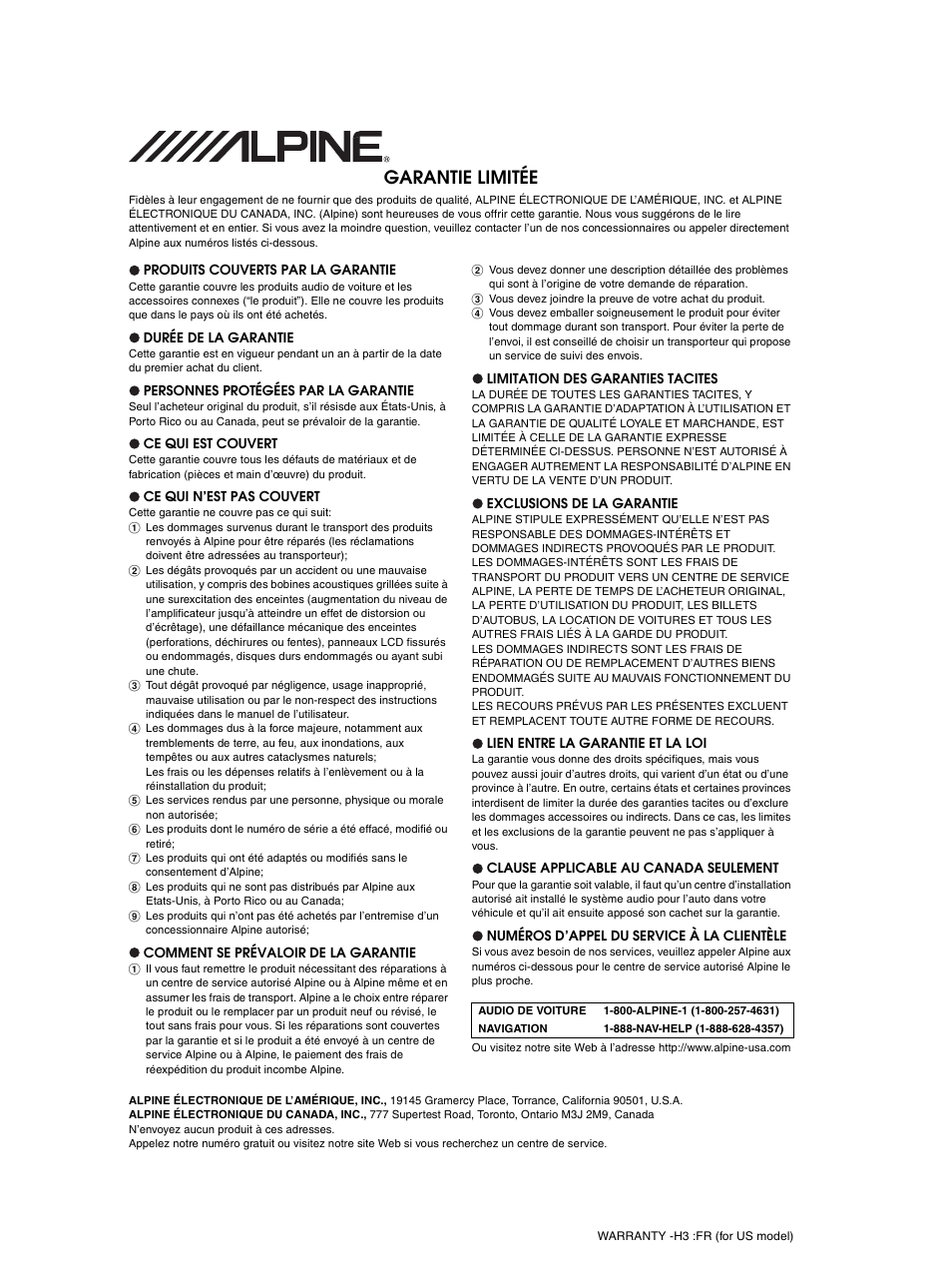 Garantie limitée | Alpine IDA-X300 User Manual | Page 98 / 146