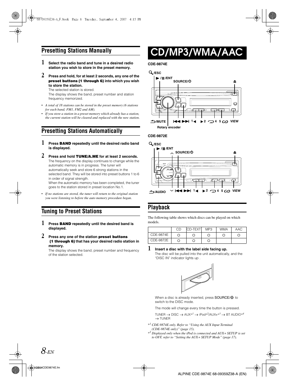 Cd/mp3/wma/aac, Presetting stations manually, Presetting stations automatically | Tuning to preset stations, Playback | Alpine CDE-9874E User Manual | Page 10 / 60