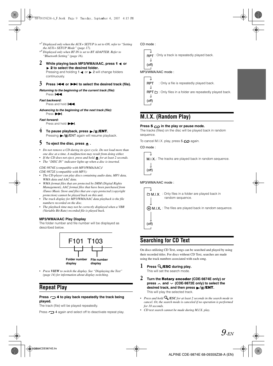 Repeat play, M.i.x. (random play), Searching for cd text | Alpine CDE-9874E User Manual | Page 11 / 60
