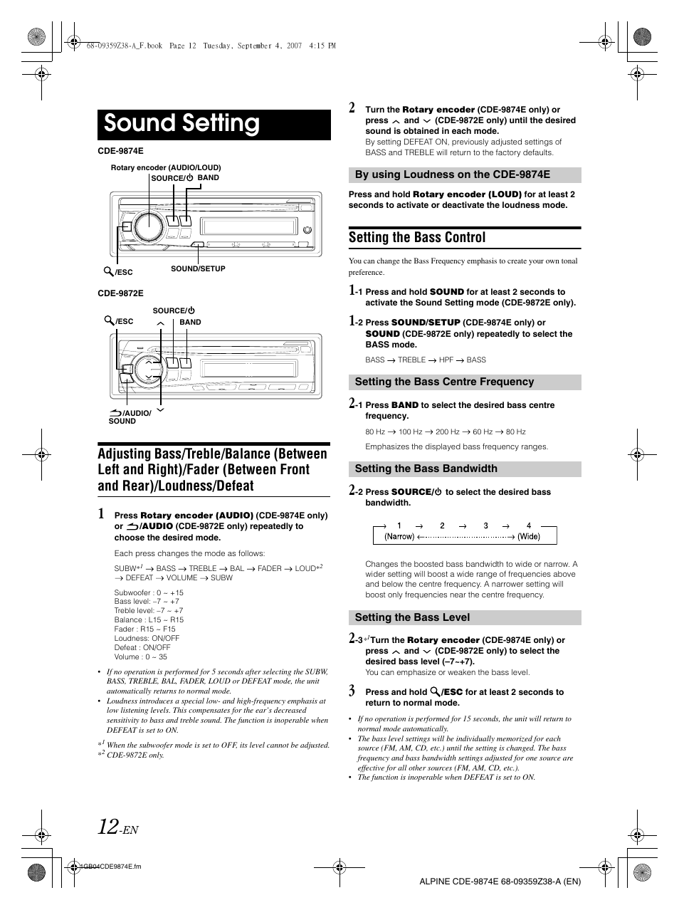 Sound setting, Setting the bass control | Alpine CDE-9874E User Manual | Page 14 / 60