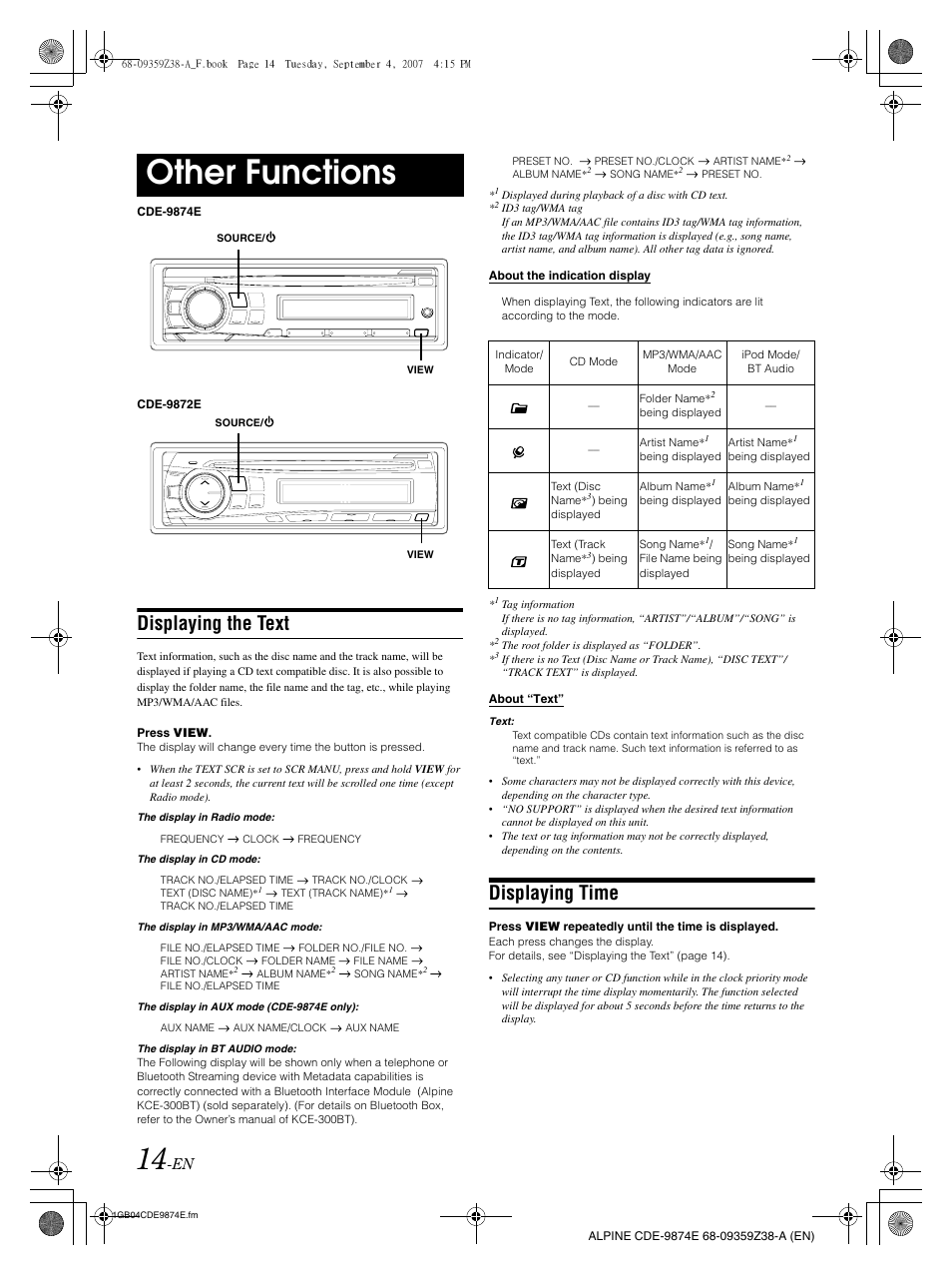 Other functions, Displaying the text, Displaying time | Alpine CDE-9874E User Manual | Page 16 / 60