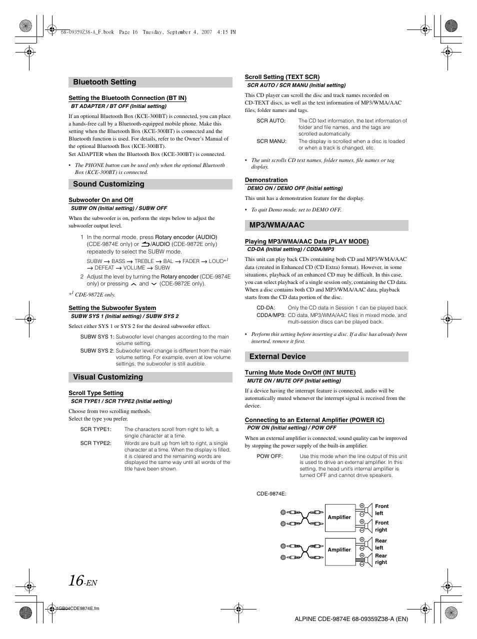 Bluetooth setting, Sound customizing, Visual customizing | Mp3/wma/aac, External device | Alpine CDE-9874E User Manual | Page 18 / 60